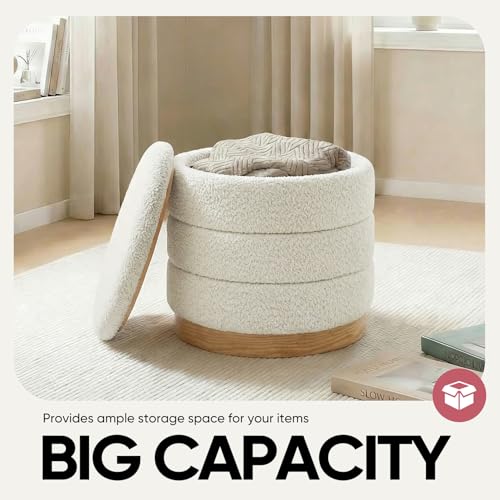 Image of Round Storage Ottoman with Tray, Chenille Folding Foot Rest Coffee tabele for Living Room Bedroom Dorm,Wood Grain Leather