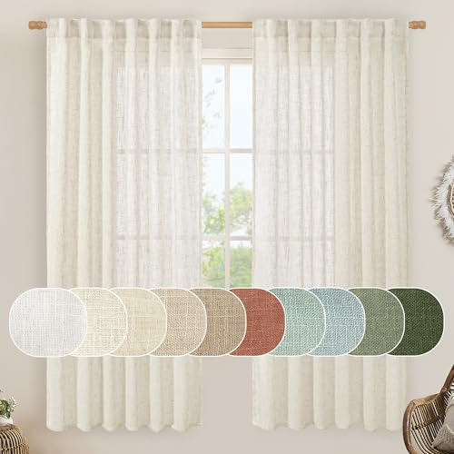 LAMIT Linen Sheer Curtains 72 Inch Length 2 Panels, Linen Textured Light Filtering Semi Sheer Back Tab and Rod Pocket Burlap Boho Neutral Drapes for Bedroom/Living Room, Ivory Cream, 52 x 72 Inch