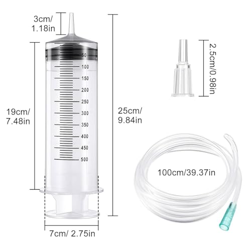 2 Stück 500 ml Spritze mit Schlauch,Große Spritze Wiederverwendbar,Plastikspritze mit Kappe,Großer Kapazität Spritzen,Einzeln Versiegelte Spritzen für Labor,Industrie,Haustierfütterung