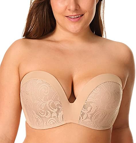 DELIMIRA Women's Strapless Bra Plunge Push Up for Big Busted Lace Slightly Lined Support Lift Plus Size