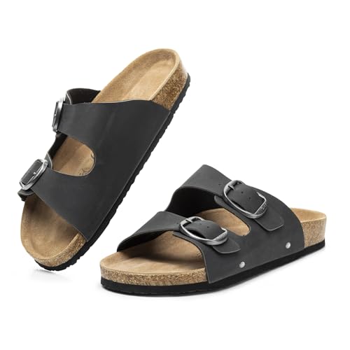 Image of FITORY Womens Flat Sandals with Cork Footbed, Open Toe Arch Support Slides Adjustable Slip On Slippers for Summer 2026 Size 6-11