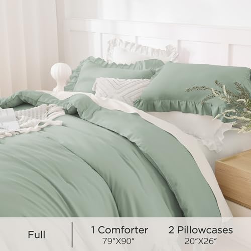 Image of Andency Sage Green Comforter Set Full, 3 Pieces Lightweight Soft Ruffle Bed Comforter, Farmhouse Rustic Fluffy Polyester Down Alternative Bedding Set (79x90Inch Comforter)