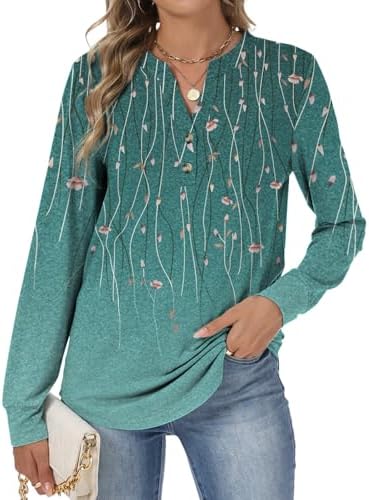Women's Long Sleeve Shirts Fall Button Henley Tunic Tops Dressy Casual Blouses 2025 T-Shirts Outfits Fashion Clothes