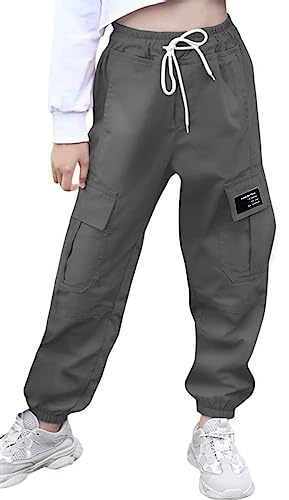 Image of AOWKULAE Girls Cargo Pants Drawstring Jogger Pants,Grey,13-14Y