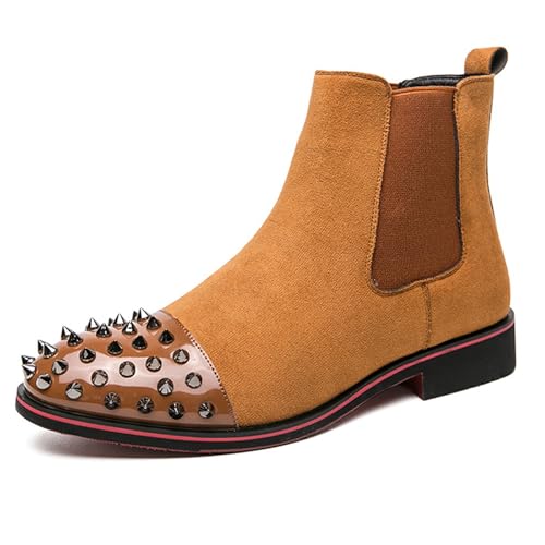 Men's Studded Metal Spike Suede Slip On Ankle Boots Pointed Toe Elastic Panels Non Slip Casual Chelsea Boots