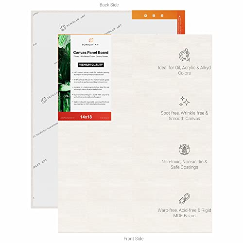 Image of Scholar Art Hobby Series 04 Oz (230 GSM) 100% Cotton Canvas Panel Board for Painting (White Blank Canvas Boards for Acrylic Paint, Oil Paint, Wet & Dry Media) | 14 inchx18 inch (35x45 cm), Pack of 12