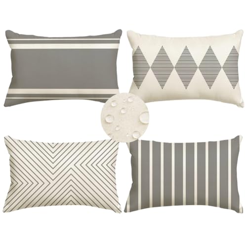 RABUSOFA Outdoor Pillows Covers 12x20 inch Waterproof Light Grey and Beige Boho Lumbar Throw Cushion Case Set of 4 for Patio Furniture for Couch Sunbrella(no Insert)