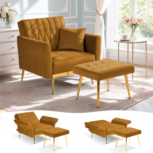 ACMEASE Velvet Accent Chair w/Ottoman & Adjustable Backrest, Ginger