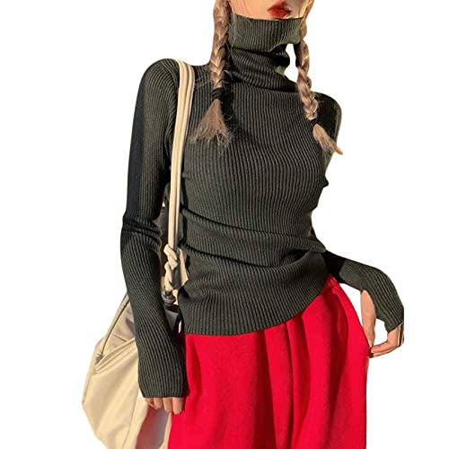 Nensiche Pull à col roulé décontracté pour femme - Couleur unie - Trou pour le pouce - Manches longues - Tricot côtelé, Noir , M Cover