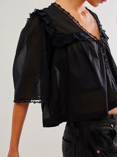 Hassembly Women Summer Cute Chiffon Shirt Low Cut V-Neck Short Sleeve Ruffle Trim Blouse Y2K Going Out Button Down Mesh Shirt3