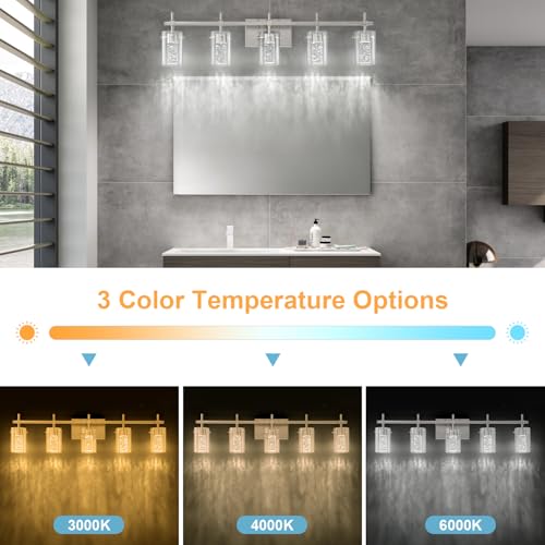 Image of 5-Light Brushed Nickel Vanity Light with 3 Color Modes(3000K /4000K /6000K, Dimmable), Eye Protection LED Bathroom Light Fixture, Modern Wall Light Over Mirror with Clear Glass Shade