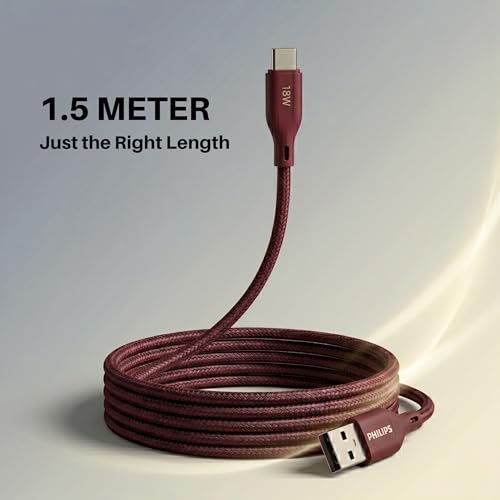 Image of PHILIPS DLC4150AI /94 18W Type-A to Type-C Fast Charging Cable (1.5m, Iron Red) | Nylon Braided | Compatible with iPhone 15+ Series, USB-C iPad Models, Samsung Galaxy & All Type C Devices