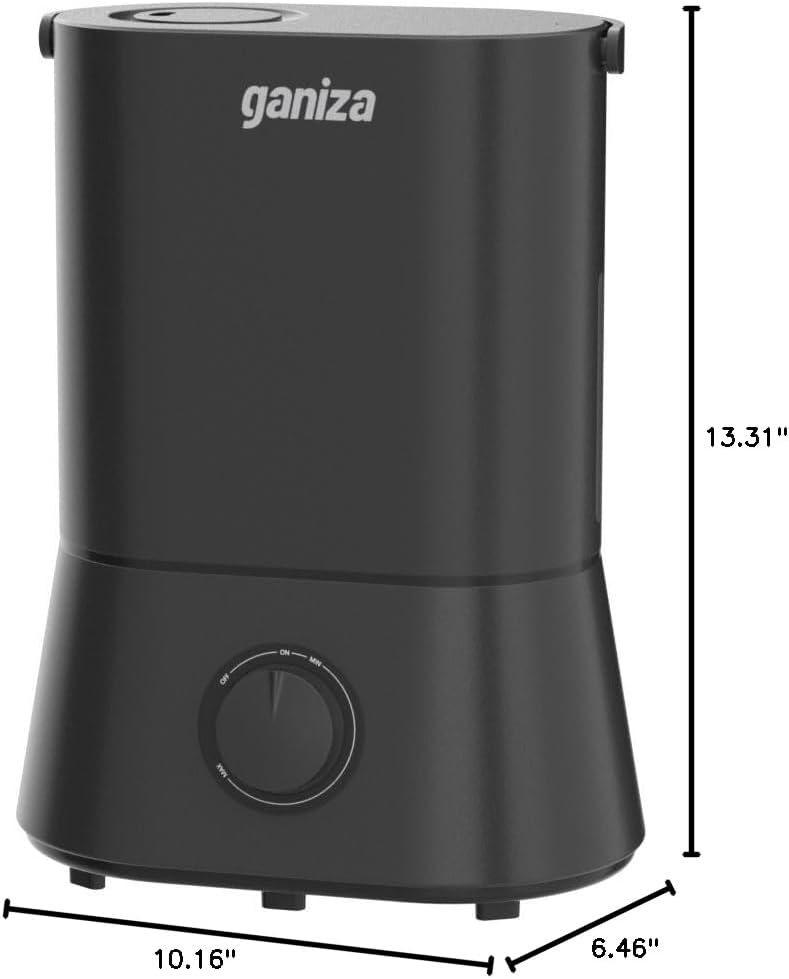 Dimensions of the GANIZA 4L Cool Mist Humidifier: 6.46 inches deep, 10.16 inches wide, 13.31 inches high.