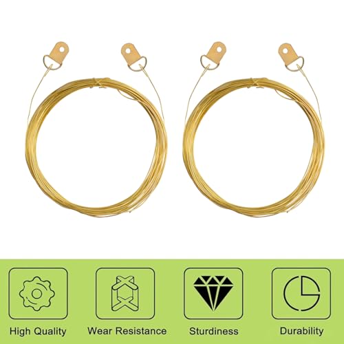 Image of Picture Hanging Wire Kit 2 Roll 10m /32.8Ft Brass Hanger Wire and 30PCS Iron D-Shaped Rings Heavy Duty Hanging Hardware Display Kit for Wall Picture, Exhibition, Art Gallery (Gold)
