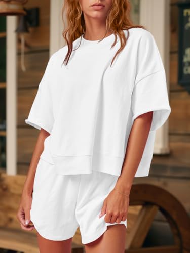 Fisoew Womens 2 Piece Outfits Casual Oversized Cropped Sweatshirt and High Waist Running Shorts Tracksuit Sets2