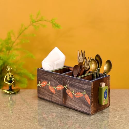 Image of AAKRITI ART CREATIONS Autumn Leaf Cutlery Stand Handcrafted in Wood | Hand-painted Wooden Stand For Dining Table | Kitchen Knife Holder | Wooden Cutlery Holder, Natural Matte Finish