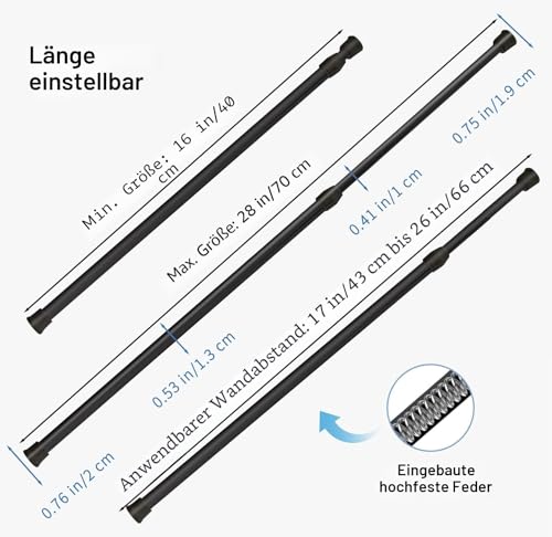Goowin 6 Stück Teleskopstange, 40-70cm Spannstange ohne Bohren, rostfreie Feder, verstellbare Spannstange für Schrank, Küche, Schrank, Kleiderschrank, Bücherregal (schwarz)