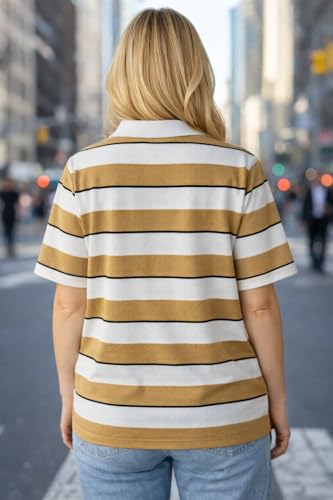 Image of Mack Jonney Women's Striped Polo T-Shirt | Half Zip Collar | Half Sleeve Cotton Casual Top | Relaxed Fit-M7496