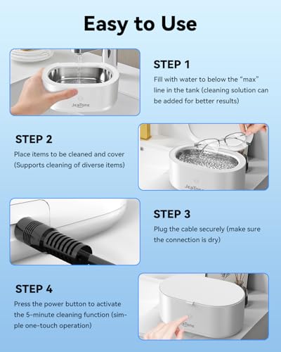 Image of JeaTone 600ML Ultrasonic Jewelry Cleaner with 50ml Jewelry Cleaner Solution | 20oz 304 Stainless Steel Tank, 5-min Timer, Quiet 45dB, 46 kHz High-Frequency Vibration, One-Click Operation,White