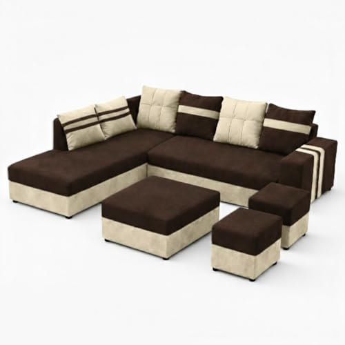 Image of Stova Luxe Velvet-Suede Fabric 8 Seater LHS L Shape Sofa Set | with 2 Ottoman & Centre Table| Comfortable & Spacious Seating | Modern Sofa Set for Living Room - Dark Brown & Cream