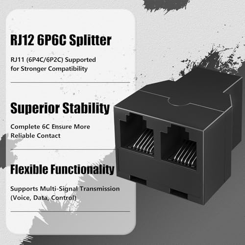 Image of RJ12 6P6C 1 Female to 2 Female Telephone Line Splitters, Uvital Telephone Landline Cable Connector and Separator(Black,2 Pack)