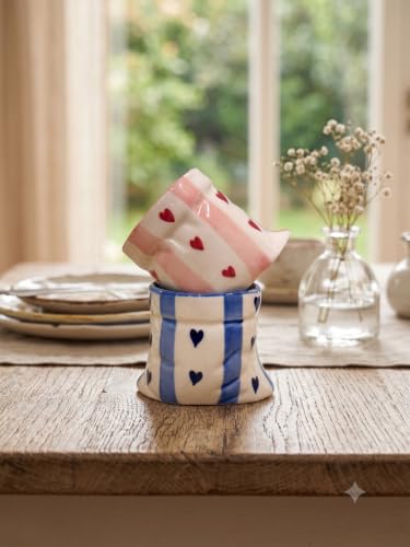 Image of Set of 2 Handmade Ceramic Coffee Mugs - Blue & Pink Heart Pottery Style Aesthetic Tea Cups for Coffee Milk Espresso, Designer Mug Combo for Women Girls Home Cafe Use