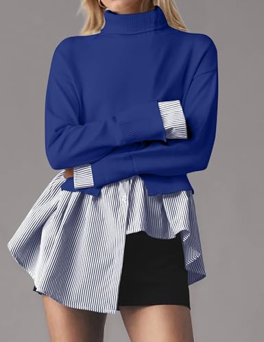 Image of Women Turtleneck Slit Patchwork Knit Pullover Sweater 2 in 1 Asymmetrical Hem Striped Button Down Shirt Tops