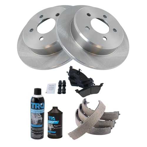 Image of TRQ Rear Brake Pad & Rotor Kit, with Chemical Kit Parking Brake Shoe Set Semi-Metallic Compatible with 2001-2007 Chrysler Town & Country Dodge Caravan Grand Caravan
