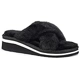EZSURF Womens Fuzzy Slippers Wedge Platform High Heel Arch Support Walking Faux Fur Sandals,Black US 9