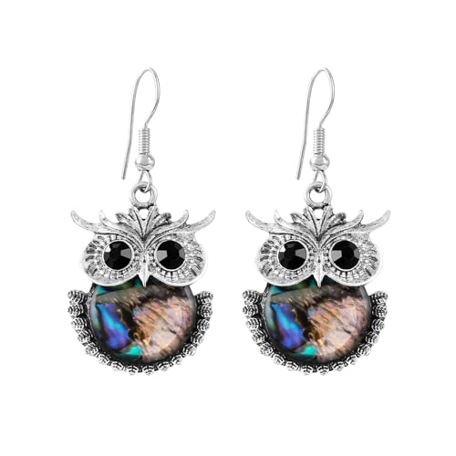 Silver Boho Earrings for Women Trendy Statement Vintage Handmade Abalone Shell Owl Dangle Long Earrings fishhook hypoallergenic Dangling Earrings Birthday Gifts.