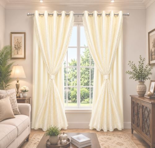 Image of Double Curtains 2 in 1 Embroidery Transparent Curtain with 80% Blackout Curtain Best for Every Interior Living Room (creem 9 L4 W feet Set 2)