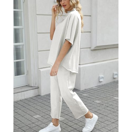 Ainangua Women Casual Two Piece Outfits 3/4 Batwing Sleeve Capelet CrewNeck Pullover Top Wide Leg Pants Lounge Sets Sweatsuit3