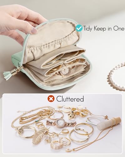 VLANDO Schmuckkästchen Reise, Schmuckbeutel mit Fransen, 6-lagige Reise Jewelry box für Damen Mädchen, Münzbeutel, Schmuck Reiseetui aus Kunstleder, Ohrring, Halsketten,Uhren aufbewahrung,Mintgrün