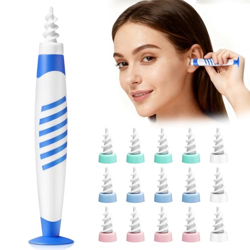 Ear Wax Remover, Spiral Soft Silicone Ear Cleaner Tool with 16 Washable Tips (Blue Hot Kit)