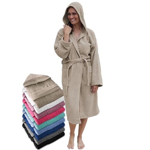 LEBENGOOD Peignoir de bain à capuche, pour femme et homme 100% coton éponge 400 g avec ceinture, poches, douche, peignoir doux, serviette