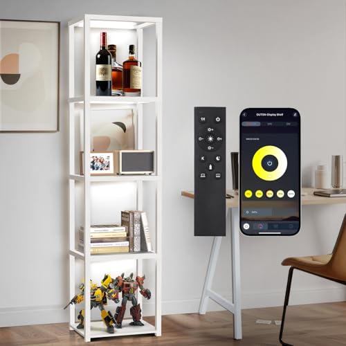 OUTON 170 cm Glasvitrine mit Beleuchtung, Dimmbarer LED-Stehlampe mit Fernbedienung und App-Steuerung, Offenes Bücherregal für Sammlerstücke, Wohnzimmer, Schlafzimmer, Weiß
