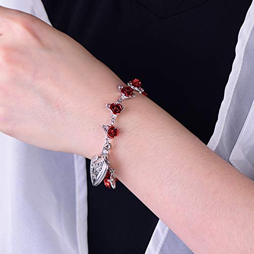 U7 Valentines Rose Flower Bracelet Platinum Plated Link Chain Cute 12 Roses Floral Chain Bracelets With Heart Locket That Can Holds Memory Picture (Adjustable) #TOP6