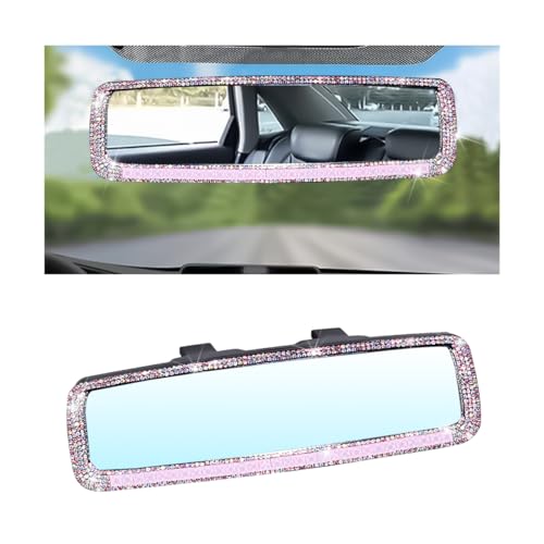 Image of Osilly Bling Car Rearview Mirror, Decorations Rear View Mirror with Crystal Rhinestones & Diamonds, Car Interior Trim Accessories, Clip-on & HD Glass, Sparkly Gift (Pink)