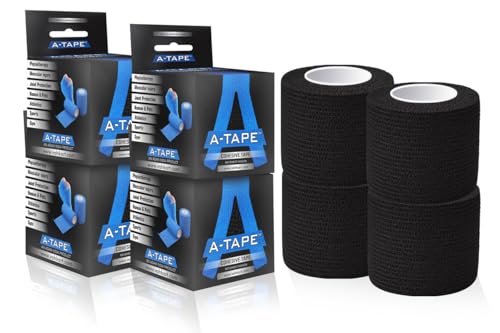 Image of A-Tape Breathable Self Adhesive Cohesive Bandage Wrap - Athletic Non-Woven for Sports, Medical Use, Injuries, Knee & Wrist Support - Suitable for Humans & Pets (Black, 5cm Pack Of 4)