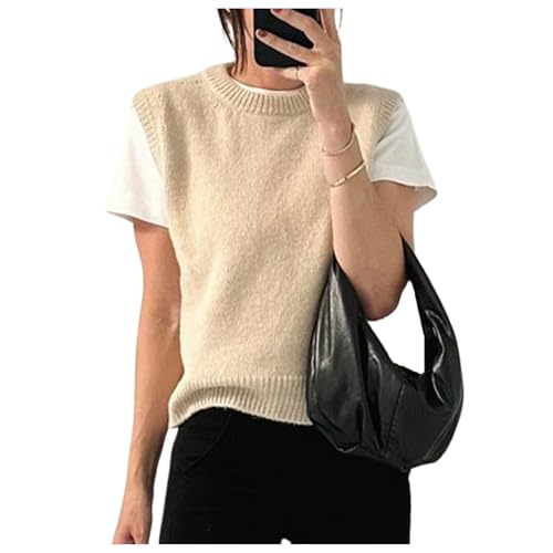 Image of Miqil Women Comfy Sweater Vest Casual Sleeveless Ribbed Knit Vest Trendy Crew Neck Knitted Pullover Tank Top Streetwear