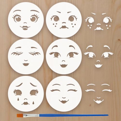 FINGERINSPIRE 6Styles Face Expression Stencils with a Brush 3.9x3.9Inch Facial Features Painting Stencil PET Cartoon Theme Pattern Stencils Character Themes Template for Wood Wall Fabric Furniture