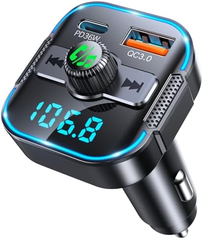 Glangeh Bluetooth 5.3 Adapter Auto Schnellladung 54W mit Dual Mikrofon | 2 in 1 FM Transmitter Auto Bluetooth & Autoladegerät (PD 36W + QC3.0 18W)unterstützt Siri-Assistent & Freis