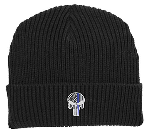 Project Thin Line Thin Blue Line Skull with Subdued American Flag Law Enforcement Winter Watch Hat (Black)