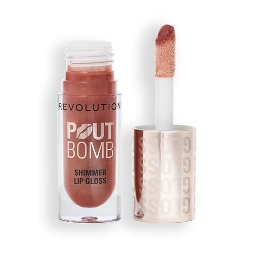 Revolution, Pout Bomb Shimmer Gloss, Brillo Labial con Efecto Mojado y Destellos, con Ácido Hialurónico y Aroma a Vainilla Dulce, Nude Glow