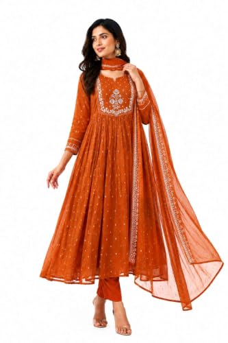 Image of Women's Cotton Embroidery Anarkali Kurti and Pant with Dupatta Set
