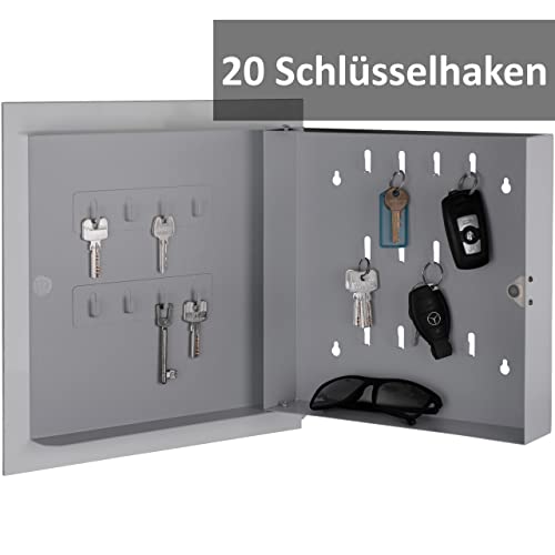 BALOU Schlüsselkasten modern mit Glas Magnettafel - Memoboard magnetisch mit 6 Magneten und Stift - Schlüsselschrank groß mit 20 Haken 33x33x6,8cm milchglas Weiss