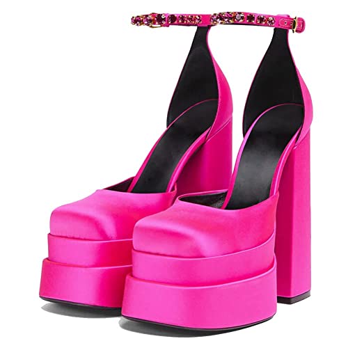 VIMISAOI Chunky Block Heels for Women Fashion Square Toe Ankle Strap Buckle Rhinestones Wedge Silk Satin High Platform Heels Dress Pumps Shoes Rose Red