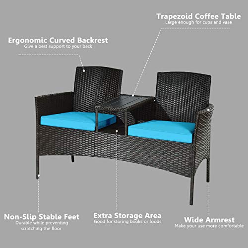 Relax4Life Conversation Furniture Set With Table And Two Removable Cushions Rattan Wicker Chairs And Table Set For Patio,Garden, Baloney And Lawn Outdoor Porch Furniture Sets Loveseat (Brown+Blue) #TOP3