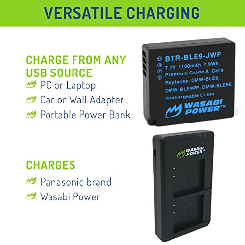 Wasabi Power Battery (2-Pack) & USB-C Dual Charger for Panasonic DMW-BLE9, DMW-BLG10 & DMC-GF5, DMC-GF6, DMC-GX7, DMC-GX85, DC-GX9, DC-G100, DC-G110, DMC-LX100, DMC-LX100 II, DMC-ZS100, DMC-ZS200