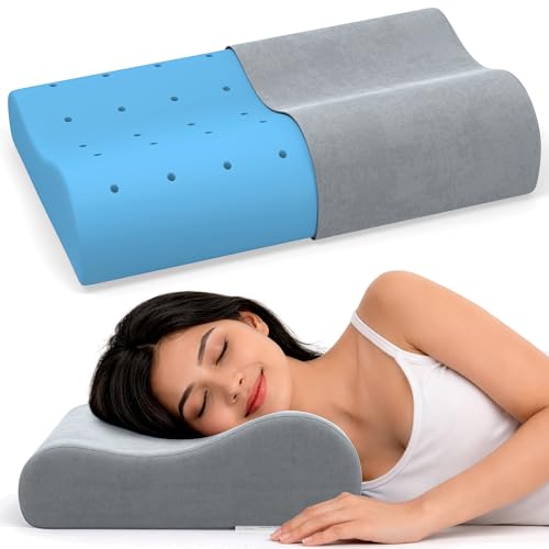 Image of MYARMOR Cool Gel Cervical Pillow for Neck Pain | Contour Design for Neck & Shoulder Pain Relief | Dual Height Ergonomic Support | 18 x 11 x 3.5 Inch | 2 Years Warranty | Grey Velvet Cover - Pack of 1